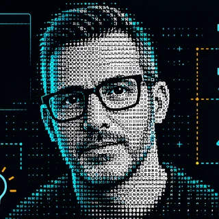 Pedro rajzolt portréja szemüvegben, kezét az álla alá támasztva